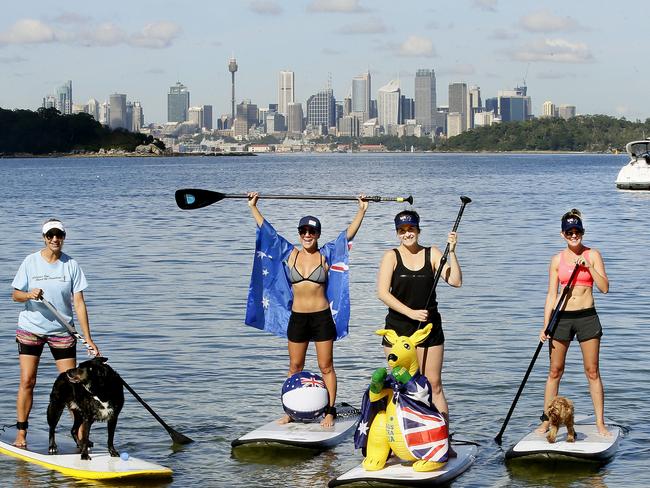 L to R: Joanna Kyriazakos with her dog B.K., Jo Steuart, Marika Boyce and Elke von Wallbrunn with her dog Alfie on paddle boards at Watsons Bay. Picture: John Appleyard