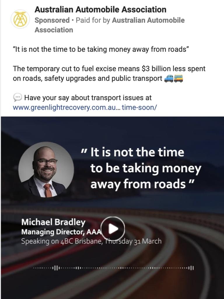 A 2022 federal election ad from the Australian Automobile Association placed on Facebook.