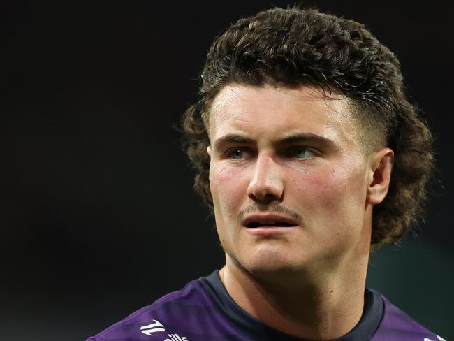 MELBOURNE, AUSTRALIA - MARCH 16: Jonah Pezet of the Storm looks on during the round two NRL match between Melbourne Storm and New Zealand Warriors at AAMI Park, on March 16, 2024, in Melbourne, Australia. (Photo by Robert Cianflone/Getty Images)