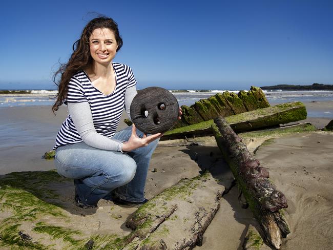 REGIONAL LAUNCH - BASS COASTA group of volunteers from Amazon 1863 project Inc need funds to dig up and preserve the Amazon shipwreck on the Inverloch surf beach. Volunteer Trilby Parise at the shipwreck holding  a dead eye a part of the ships rigging system.  Picture: Sarah Matray