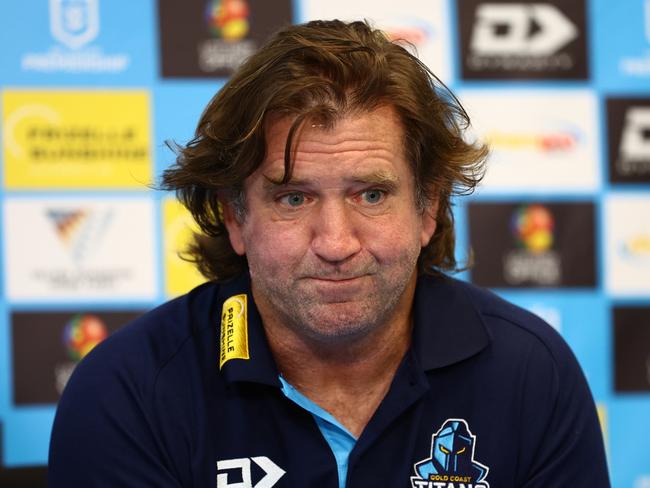 GOLD COAST, AUSTRALIA - MARCH 30: Des Hasler head coach of the Titans speaks to the media during the round four NRL match between Gold Coast Titans and Dolphins at Cbus Super Stadium, on March 30, 2024, in Gold Coast, Australia. (Photo by Chris Hyde/Getty Images)