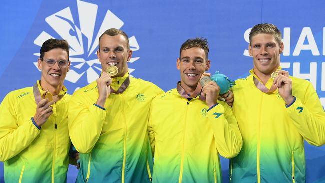 Australia’s 4x100m medley relay gold medallists Mitch Larkin, Kyle Chalmers, Jake Packard and Grant Irvine. Photo: Getty Images