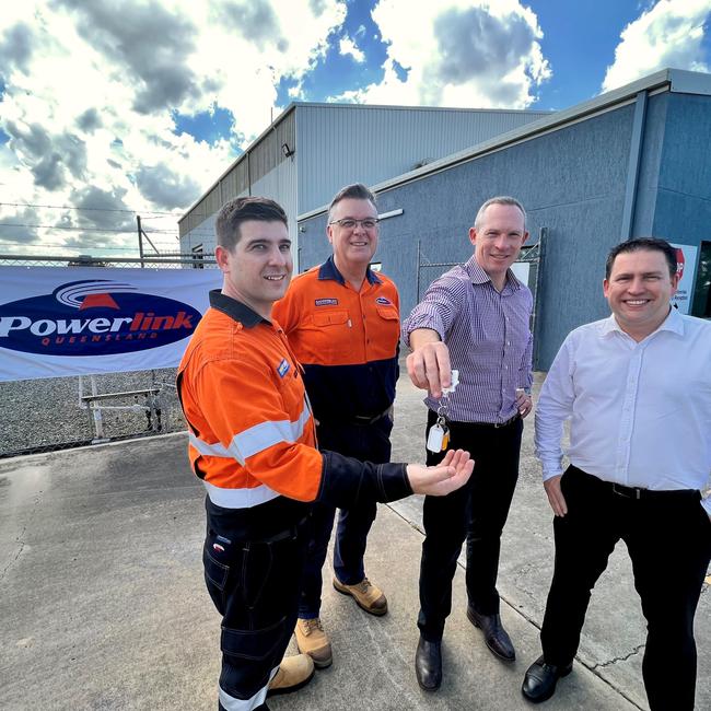 Powerlink's Brett Ferguson and Gary Edwards alongside Energy Minister, Mick De Brenni and Gladstone Mayor, Matt Burnett. Picture: Supplied