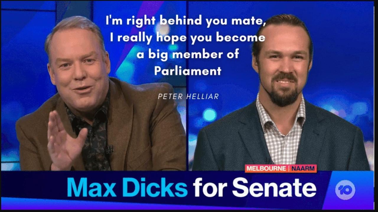 Peter Helliar grilled Max about his run for Senate on The Project. Picture: Ten