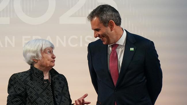 US Treasury Secretary Janet Yellen welcomes Treasurer Jim Chalmers to the APEC Summit. Picture: AFP