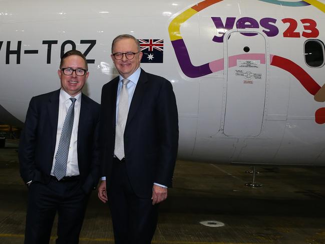 SYDNEY, AUSTRALIA  - AUGUST 14 2023: Prime Minister, Anthony Albanese and Qantas CEO Alan Joyce attend the launch of the Qantas 'Yes' Campaign at Qantas Hangar 96 in Sydney, where The Prime Minister will deliver a speech. Picture: NCA Newswire / Gaye Gerard