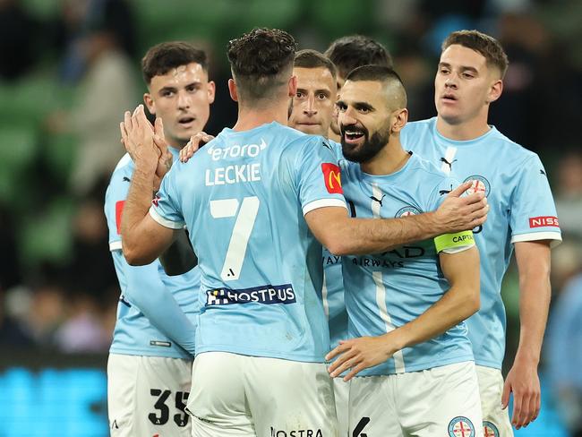 Melbourne City players celebrate after qualifying for the grand final. Picture: Getty Images
