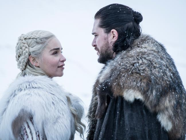 Emilia Clarke and Kit Harington as Daenerys Targaryen and Jon Snow in the final season of Foxtel/HBO drama series, Game Of Thrones. Picture: Helen Sloan/HBO