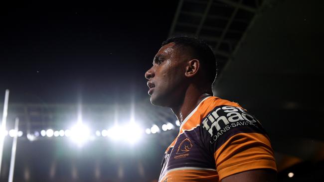 Tevita Pangai of the Broncos leaves the field during the Round 14 NRL match between the Parramatta Eels and the Brisbane Broncos at Bankwest Stadium in Sydney, Saturday, June 15, 2019. (AAP Image/Dan Himbrechts) NO ARCHIVING, EDITORIAL USE ONLY