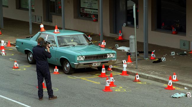 The murder scene on Wright St, where three Rebels bikies were shot down in 1999.