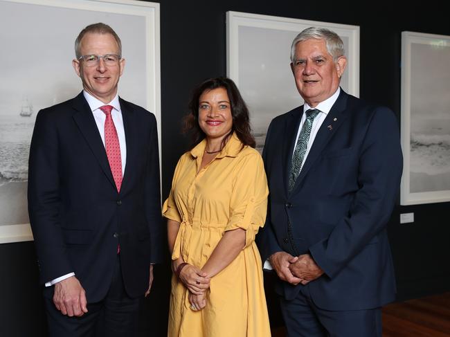 Communications Minister Paul Fletcher, Indigenous Australian Alison Page and Indigenous Affairs Minister Ken Wyatt at the 250th anniversary event of Captain James Cook’s charting of the east coast of Australia. Picture: David Swift