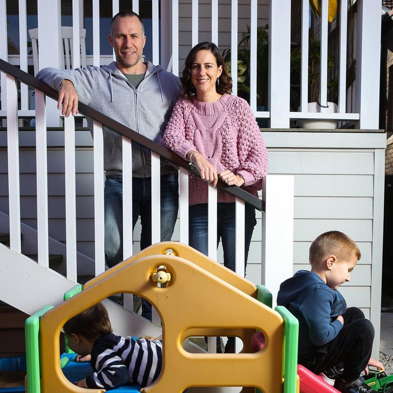 Elouise Monck, husband Alex and their two sons, Theo and Daniel have gone gang busters on Bunnings in the past year, turning their Mosman home into a DIY paradise. in Sydney. Picture: Newscorp – Daily Telegraph / Gaye Gerard