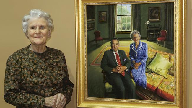 South Australian philanthropist Diana Ramsay with a painting of her and her husband James. Painted by Anna Platten .