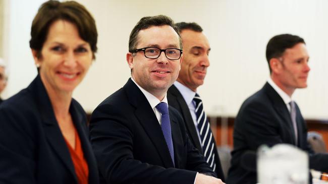 Qantas executives Jayne Hrdlicka, Alan Joyce, Gareth Evans and Andrew Finch. (Renee Nowytarger/The Australian)