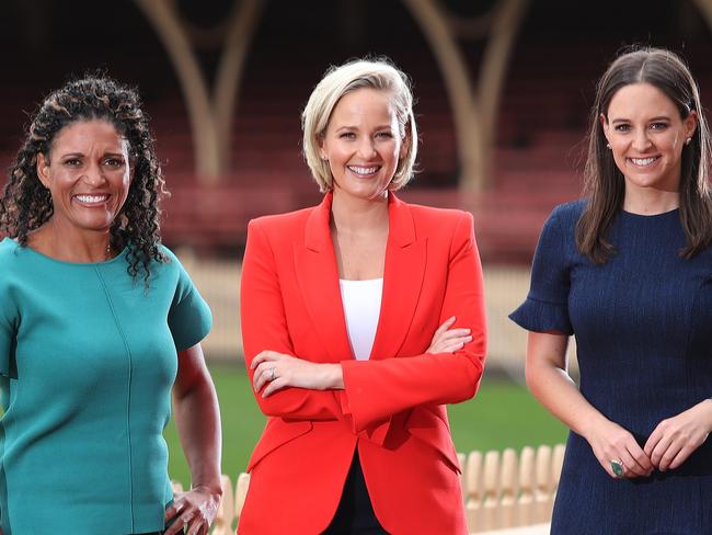 Fox Cricket Women Mel Jones, Jess Yates and Neroli Meadows at North Sydney Oval ahead of the Fox Cricket launch. Picture: Brett Costello