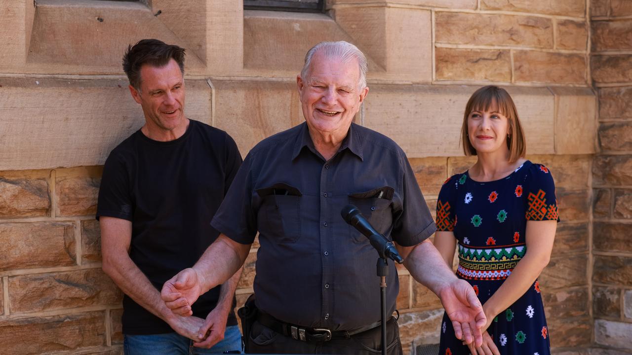 Premier Chris Minns, Reverend Bill Crews and Transport Minister Jo Haylen at a charity Christmas lunch, at The Rev. Bill Crews Foundation, in Ashfield on Christmas Day. Picture: Justin Lloyd.