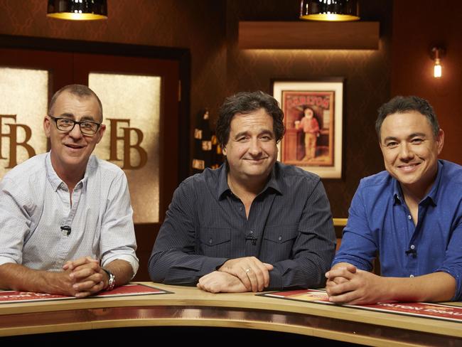 Andy Maher, Mick Molloy and Sam Pang on the set of Channel 7 AFL football show The Front Bar.