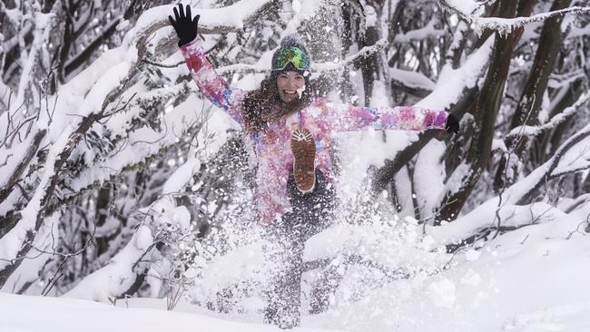 Mel McCoy has fun in the blizzard conditions on Sunday in Hotham Ski Resort. Picture: Chris Hocking/Hotham Ski Resort