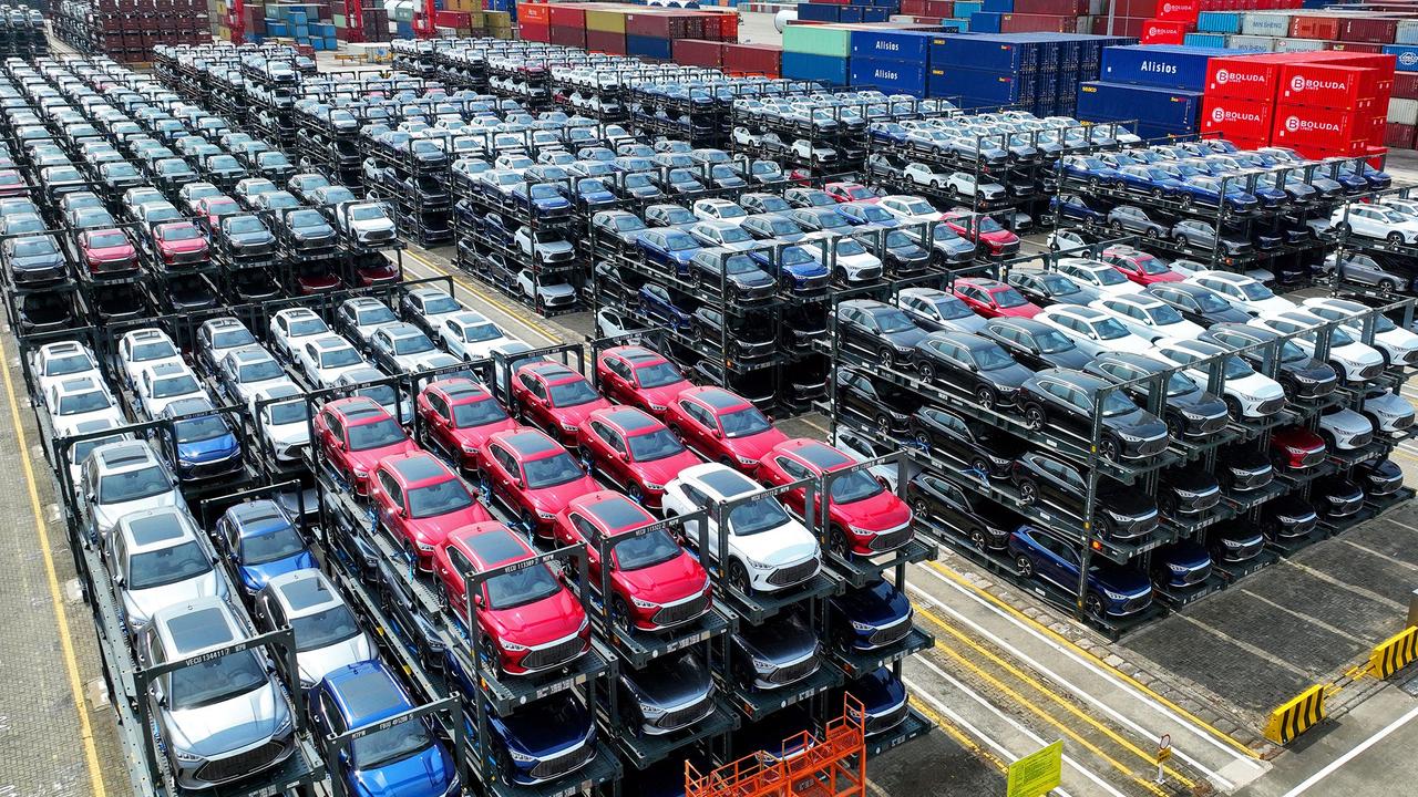 BYD electric cars awaiting to be loaded onto a ship at the international container terminal of Taicang Port in China. Photo: AFP / China OUT