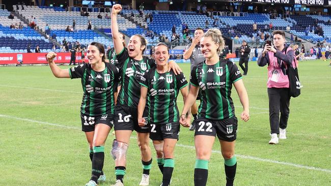 Western United players celebrate after winning the A-League Women’s semi final in April 2023. Picture: Getty Images