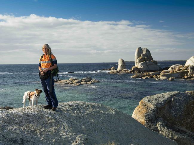 Dr Sue Robinson, Bio security Tasmania with fox terrier cross, Nui search for rats on George Rocks, North East Tasmania, a nature reserve off the northeast coast of Tasmania where black rats and the introduced weed Ãmirror bushÃ have severely impacted many species of seabirds and their breeding habitat, including the once common, diminutive white-faced storm petrel.