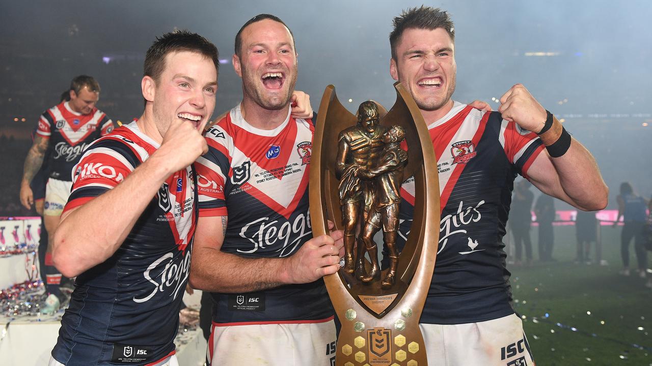 Luke Keary, Boyd Cordner and Angus Crichton celebrate the Roosters’ 2019 grand final win over the Canberra Raiders. Picture: AAP