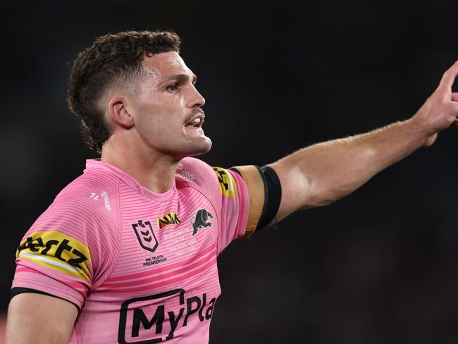 SYDNEY, AUSTRALIA – OCTOBER 06: Nathan Cleary of the Panthers reacts during the 2024 NRL Grand Final match between the Melbourne Storm and the Penrith Panthers at Accor Stadium on October 06, 2024, in Sydney, Australia. (Photo by Cameron Spencer/Getty Images)