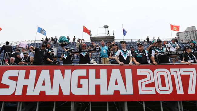 Port Adelaide Power fans at Jiangwan Stadium in Shanghai, China for last year's clash against Gold Coast. Picture: AAP Image/Tracey Nearmy