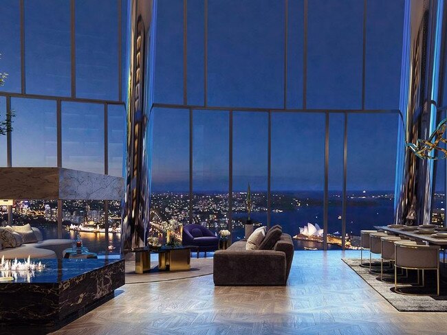 A rendering of a luxury Crown Residence with views of the Opera House.