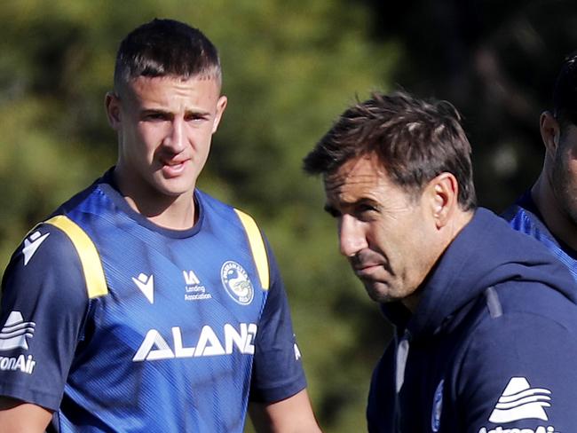 Parramatta Eels train at their Kellyville base in Memorial Park. Jakob Arthur trains after his debut last weekend and is taken through some drills with development coach Andrew Johns. Picture: Toby Zerna