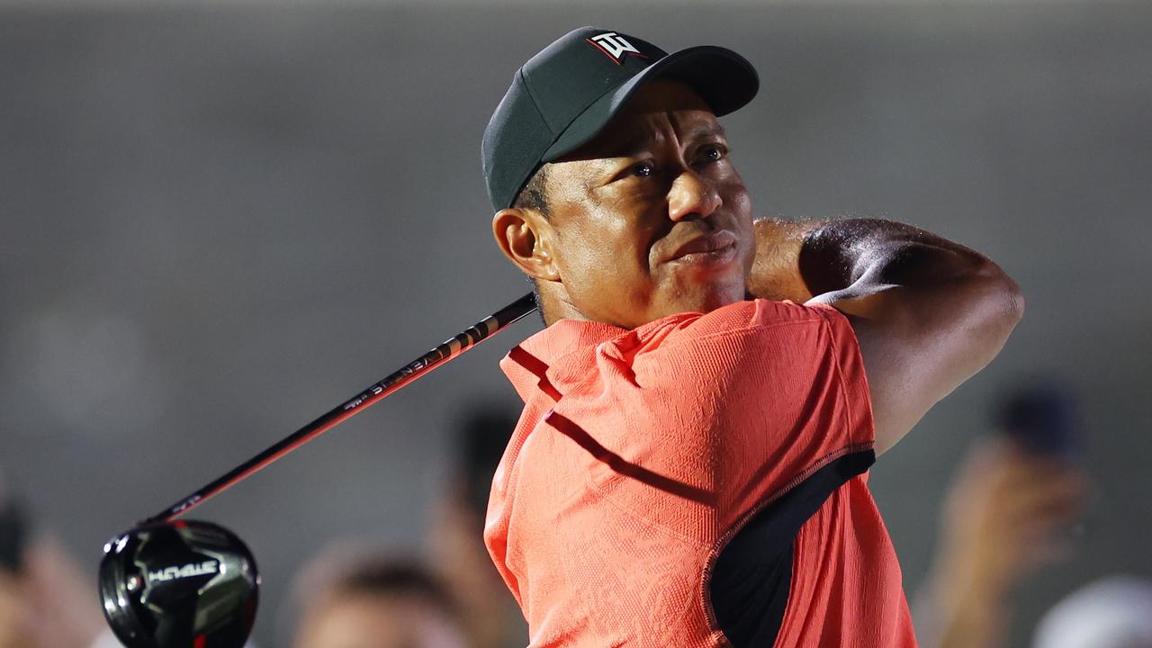 BELLEAIR, FLORIDA – DECEMBER 10: Tiger Woods of the United States plays his shot from the sixth tee during The Match 7 at Pelican at Pelican Golf Club on December 10, 2022 in Belleair, Florida. (Photo by Mike Ehrmann/Getty Images for The Match)