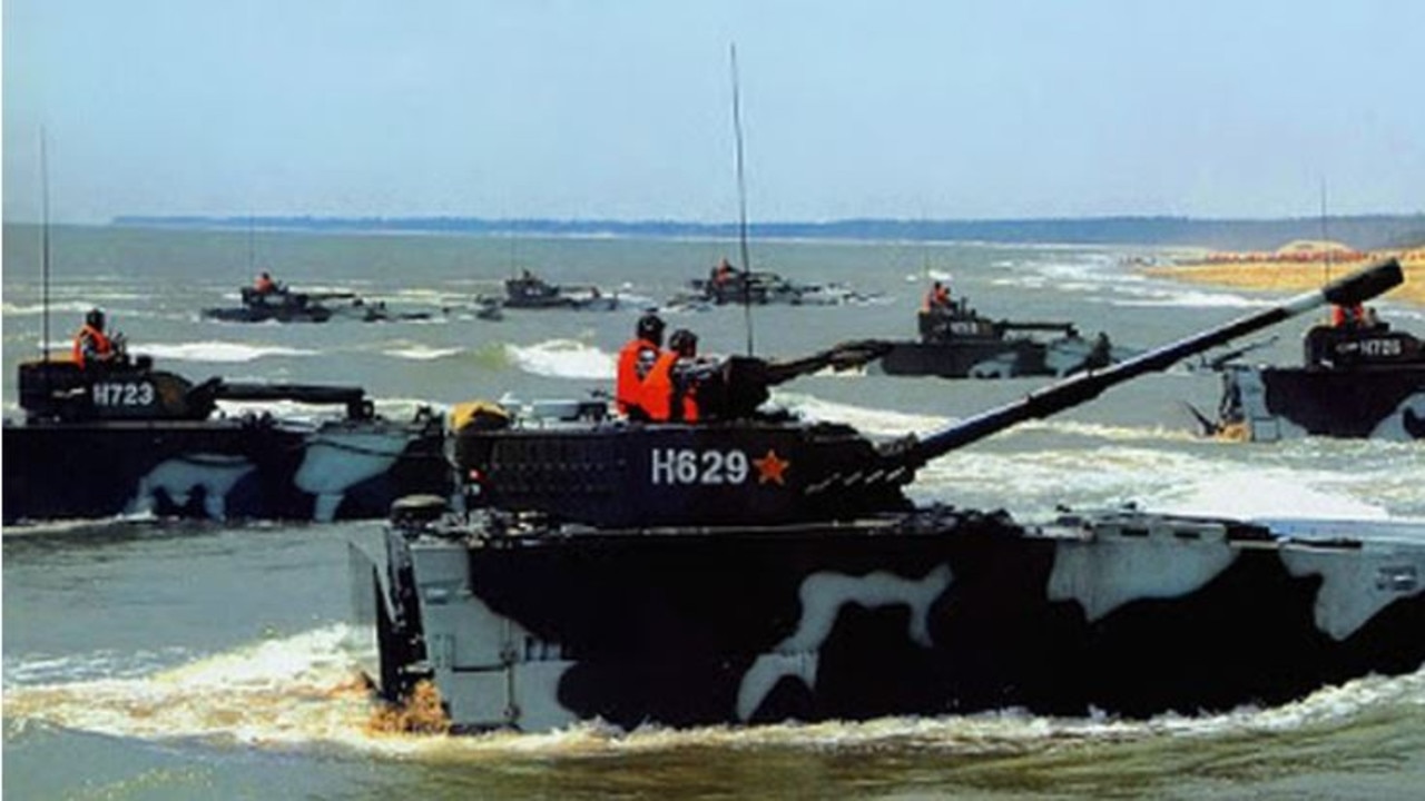 China’s Type 05 amphibious fighting vehicle is designed to be deployed from ships at sea and fight their way ashore. Picture: Chinese State Media