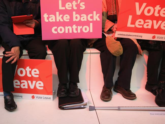 MANCHESTER, ENGLAND - APRIL 15: Vote Leave supporters wait for London Mayor Boris Johnson to address campaigners during a rally for the 'Vote Leave' campaign on April 15, 2016 in Manchester, England. Boris Johnson is taking part in a 48 hour 'Brexit Blitz' of campaigning in Northern England. Britain will vote either to leave or remain in the EU in a referendum on June 23. (Photo by Christopher Furlong/Getty Images)