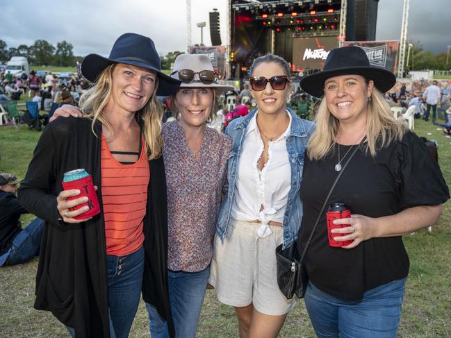 (from left) Carly Winter, Kate Pade, Aimee Wells and Mel Keam at Meatstock, Toowoomba Showgrounds. Saturday, April 9, 2022. Picture: Nev Madsen.