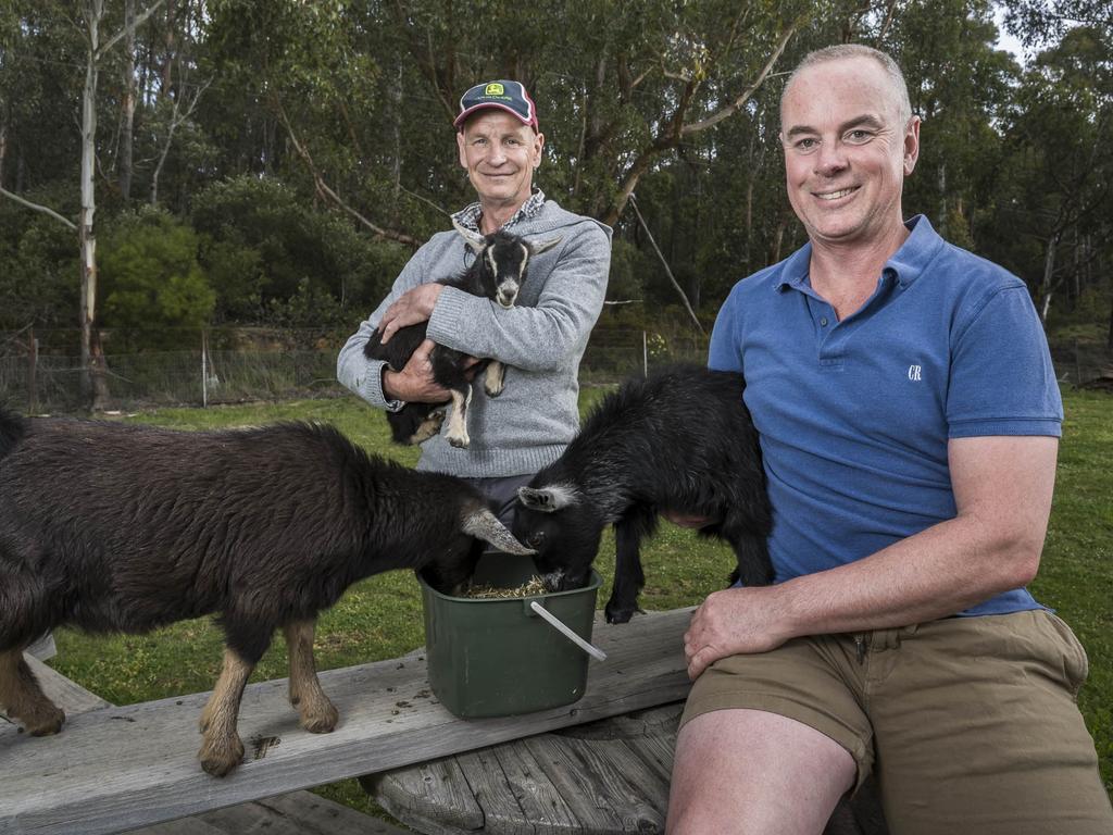 Peter Bultitude and Adrian Kelly at Hampwood Farm with their pygmy goats –. Picture: Caroline Tan