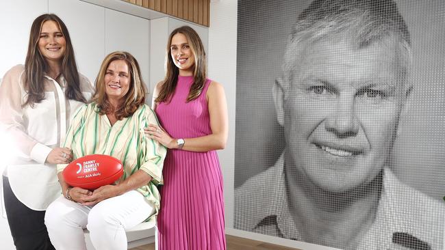 Danny Frawley’s wife Anita and daughters Chelsea and Daniella at the Danny Frawley centre. Picture: Michael Klein