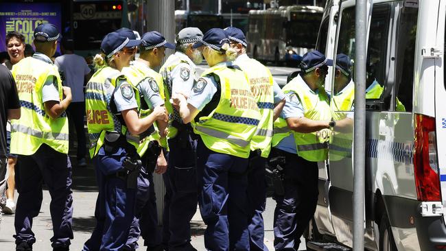 The heavy police presence was hard to ignore in the Sydney CBD on Sunday. Picture: Jonathan Ng