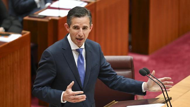 Senator Simon Birmingham giving his valedictory speech in the Senate at Parliament House in Canberra. Picture: NewsWire / Martin Ollman