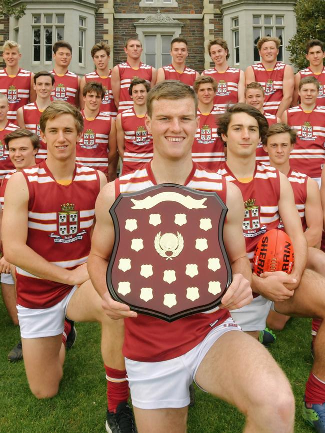 Captain Cole Gerloff and the victorious Prince Alfred College team with the Messenger Shield in 2017. Picture: AAP/Morgan Sette