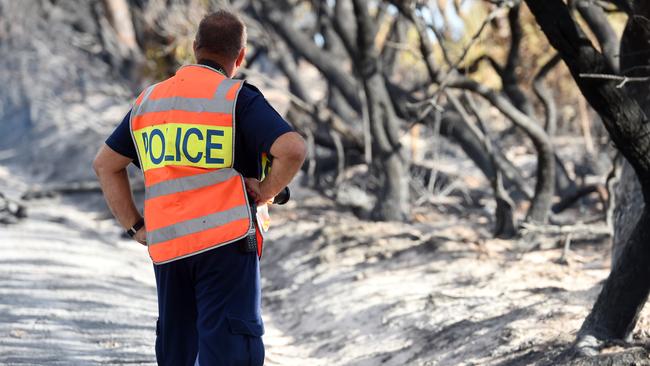 A crime scene investigator at the roadside site where the fire started. Picture: Tom Huntley