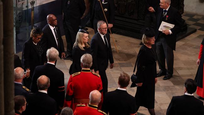 Australia's Prime Minister Anthony Albanese and partner Jodie Hayden arrive at Westminster Abbey for the Queen’s funeral. Picture: AFP