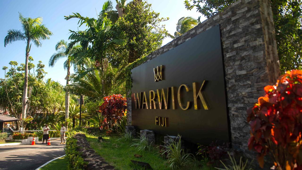 Security guards man the main entrance of a Fiji resort on the Coral Coast, about 70 kilometres west of capital city Suva. Picture: AFP