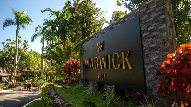 Security guards man the main entrance of a Fiji resort on the Coral Coast, about 70 kilometres west of capital city Suva. Picture: AFP