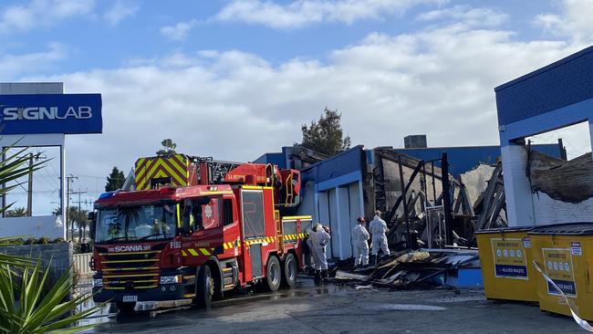 Emergency services at the scene of fire at Signlab on Port Rd, on Tuesday morning. Picture: Agnes Gichuhi