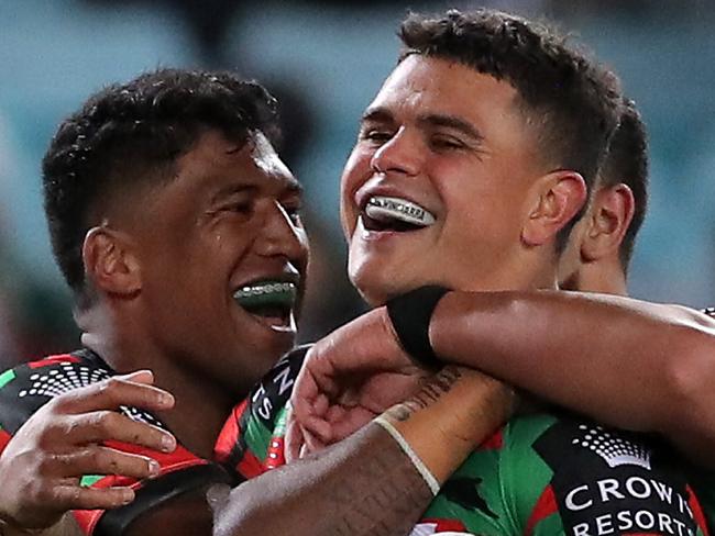 SYDNEY, AUSTRALIA - AUGUST 22:  Latrell Mitchell of the Rabbitohs celebrates after scoring a try during the round 15 NRL match between the South Sydney Rabbitohs and the Manly Sea Eagles at ANZ Stadium on August 22, 2020 in Sydney, Australia. (Photo by Matt King/Getty Images)