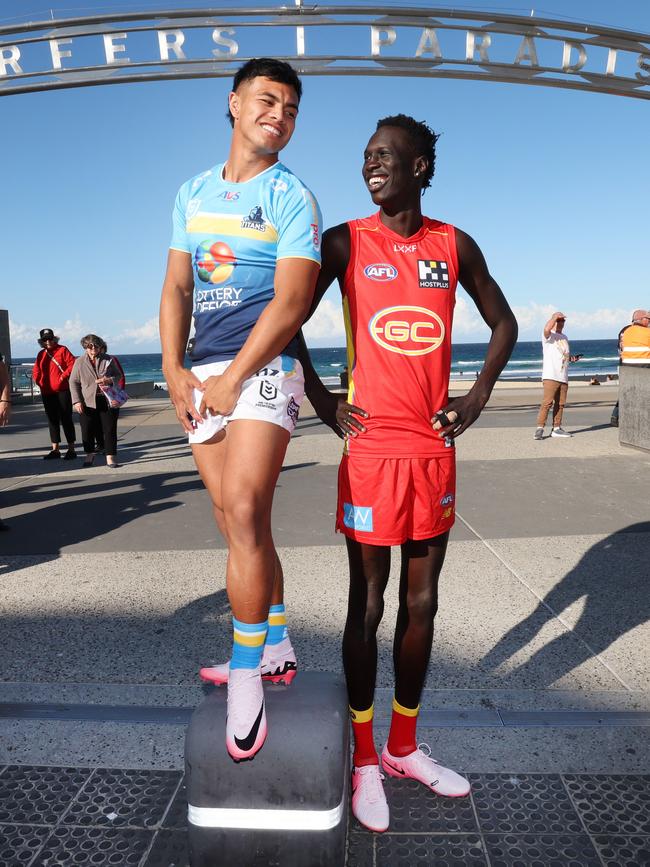 Future Gold Coast Superstars, Keano Kini from the Titans and Mac Andrew from the Suns, both play at the back but there's a big height difference depending on where you stand. Picture Glenn Hampson