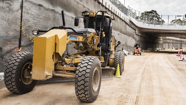 Construction work on the almost completed Warringah Rd underpass, part of the road network upgrade around Northern Beaches Hospital. Picture: Transport for NSW