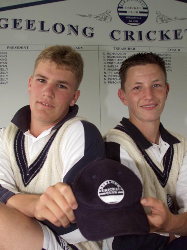 Flashback: Geelong’s 2002 Dowling Shield captain Aaron Finch (left) hands over the cap to Robert Condy.