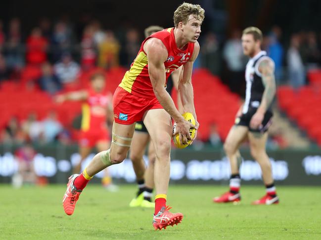 Tom Lynch of the Suns kicks during the round 13 AFL match between the Gold Coast Suns and the St Kilda Saints at Metricon Stadium on June 16, 2018 in Gold Coast, Australia. (Photo by Chris Hyde/Getty Images/AFL Media)