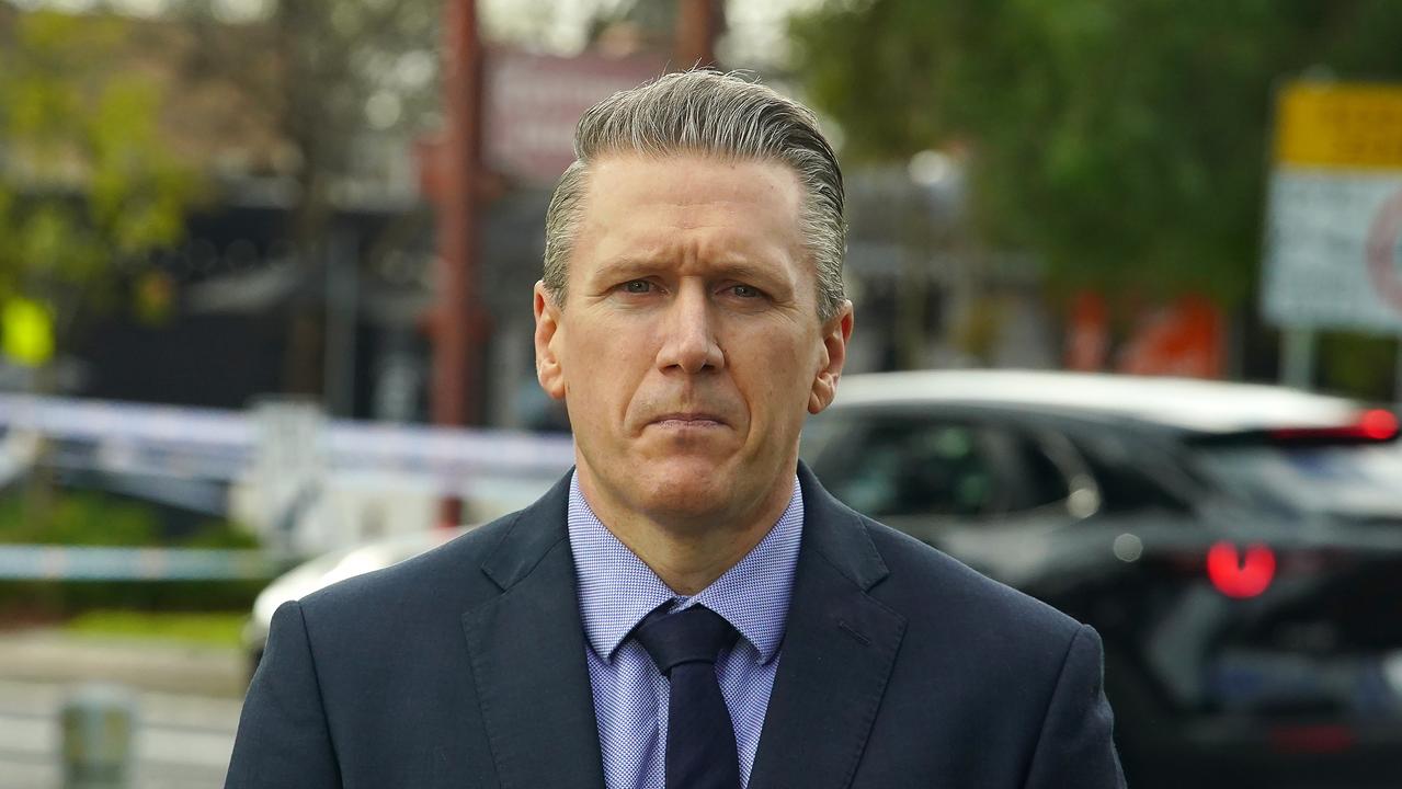 Victoria Police Acting Superintendent Mark Hatt gives a media conference early Saturday afternoon.Picture: NCA NewsWire / Luis Enrique Ascui